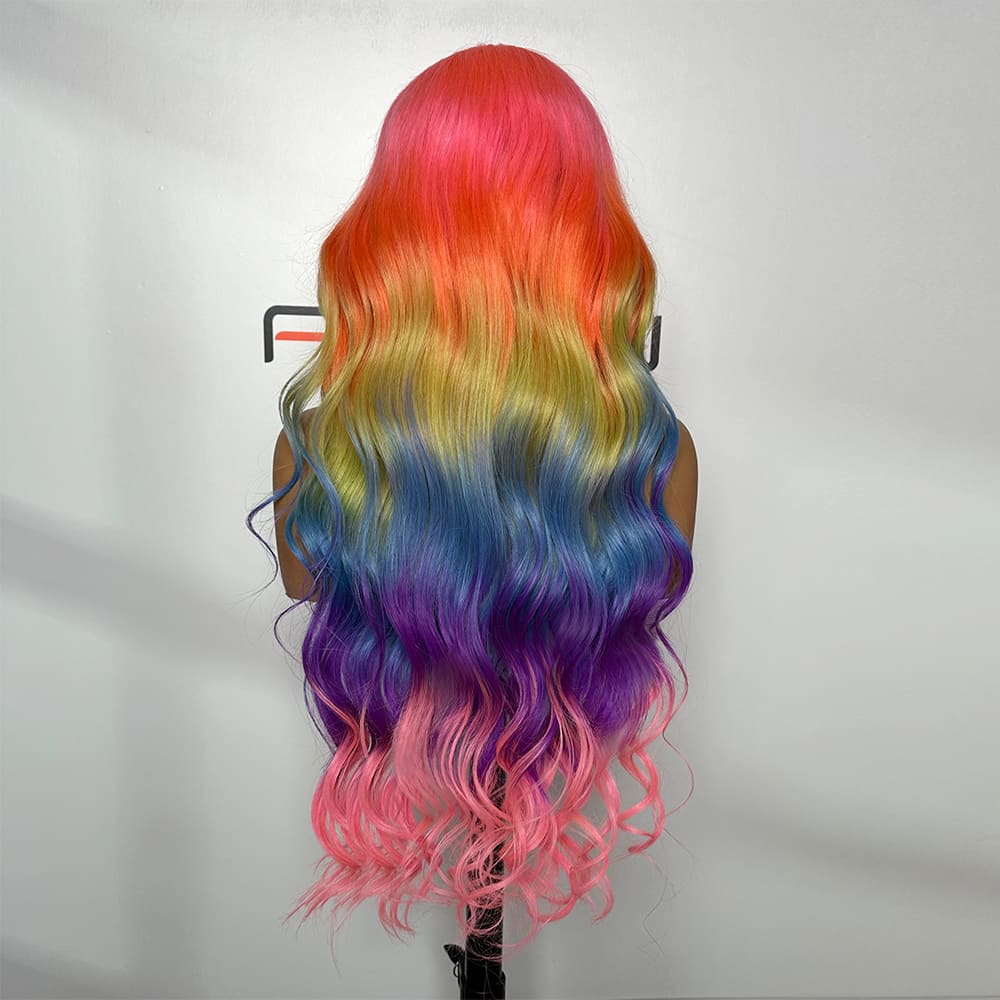 Vivid Pastel Rainbow Long Loose Wave Lace Front Wigs